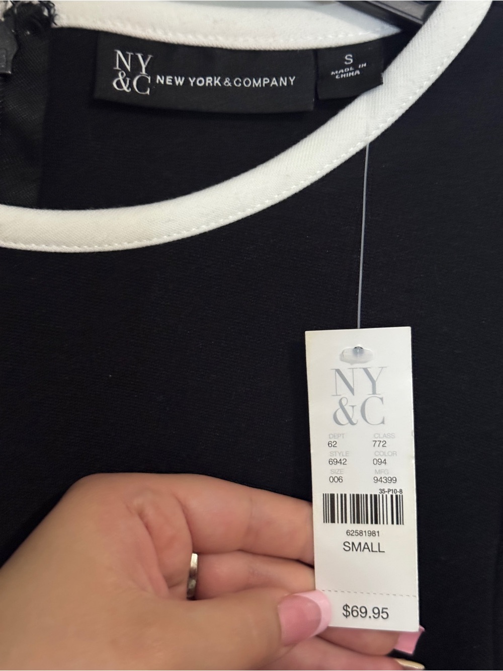 New York & Company Black Dress with White Trim and Tie Waist - Picture 2 of 4